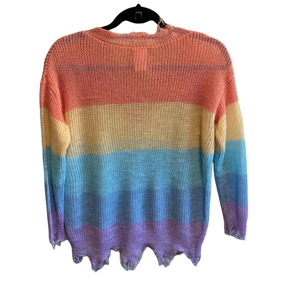 Main Strip Rainbow Raw Hem Distressed Pastel Sweater S - Picture 5 of 6
